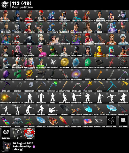 426 skins ✅ OG STW ✅ Black Knight ✅ Sparkle Specialist ✅ Wonder ✅ Dark Vertex ✅ Eon ✅ Galaxy ✅ IKONIK ✅ Honor Guard ✅ Rogue Spider Knight ✅ The Reaper ✅ Glow ✅ Travis Scott ✅ Merry Mint Axe ✅ Mako✅ Fresh ✅ Scenario✅ Floss ✅