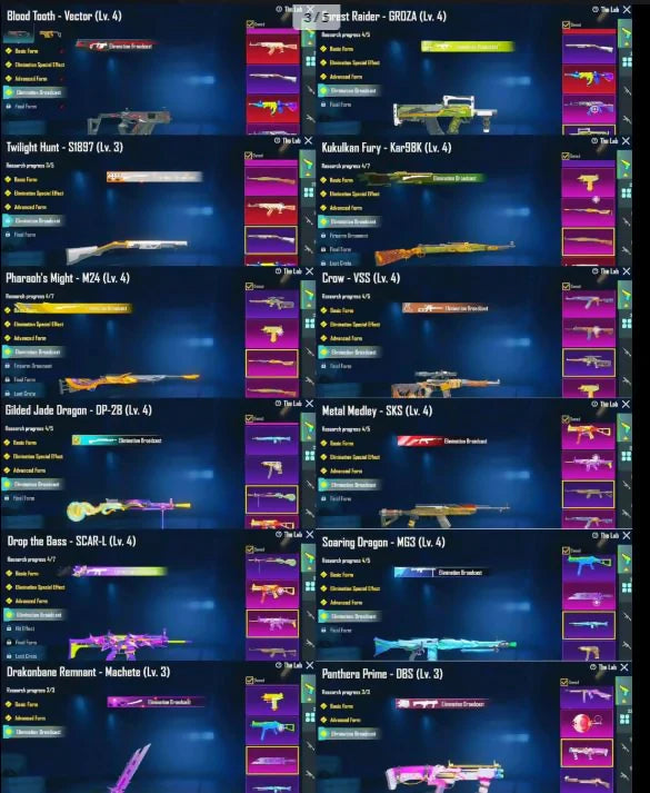 130 Mythiques ? | Pharoh Xsuit 4 ? | Tesla Diamant Drop Car ? | 33 x Gunlab rares | M416 Lézard et AKM Dessert Niv. 7⚡ | 11 x Autres messages d'élimination | Inventaire des ennemis ✨