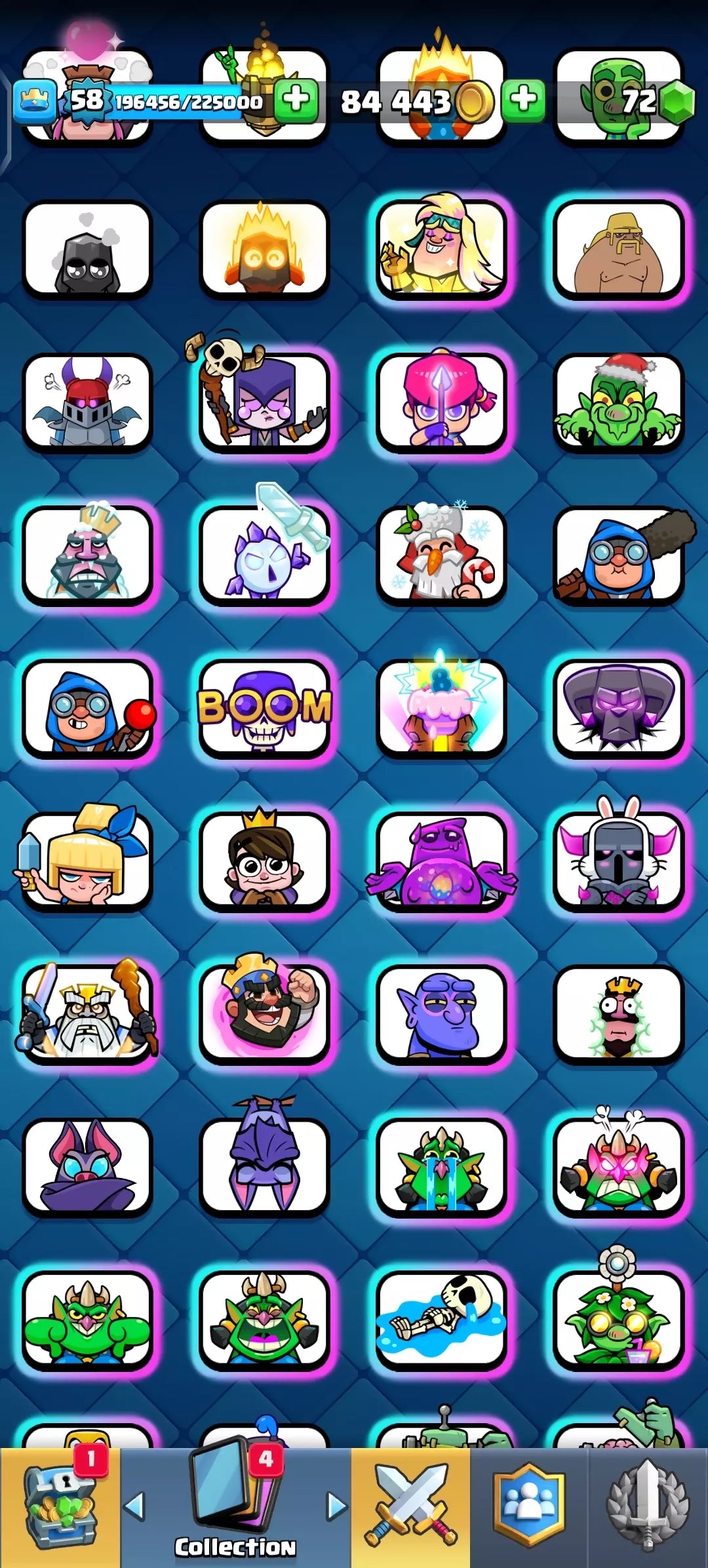 KT15, 58 LVL ? 8 EVOS, 19 ELITE CARDS, 47 MAXED ❤️‍? 117 CARDS TOTAL, ARENA 23 ? GOOD 63 EMOTES ⚡84K GOLD ? INSTANT ACCESS